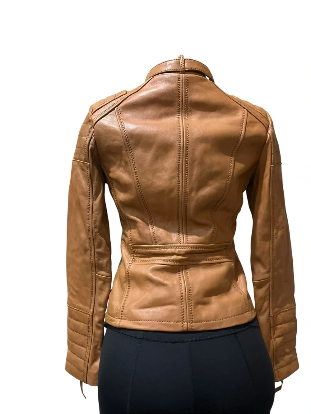 Michael Kors Cognac Leather Moto Jacket with Snap Collar
